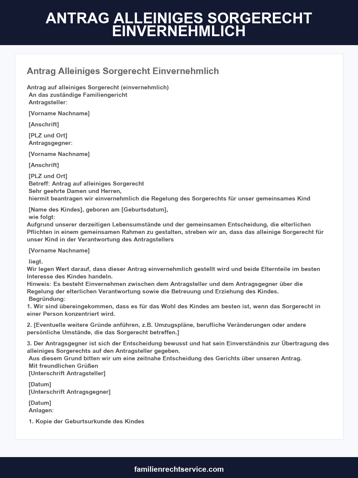 Antrag Alleiniges Sorgerecht Einvernehmlich Muster
