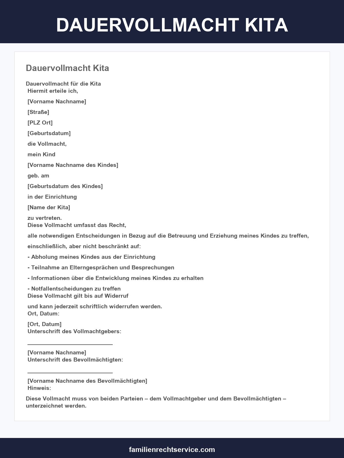 Dauervollmacht Kita Vorlage