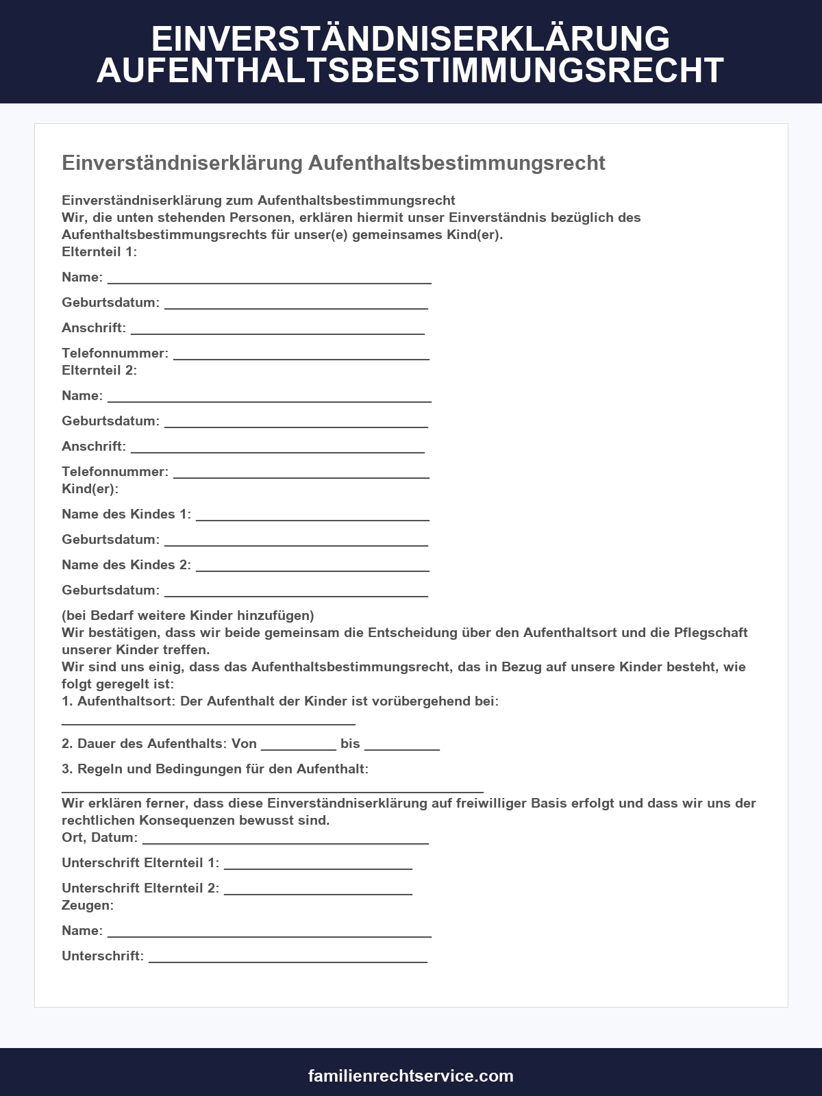 Einverständniserklärung Aufenthaltsbestimmungsrecht Vordruck