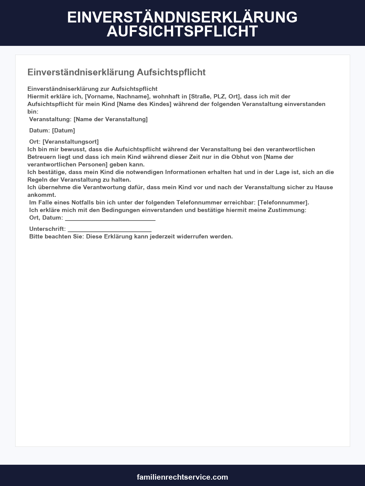 Einverständniserklärung Aufsichtspflicht Muster