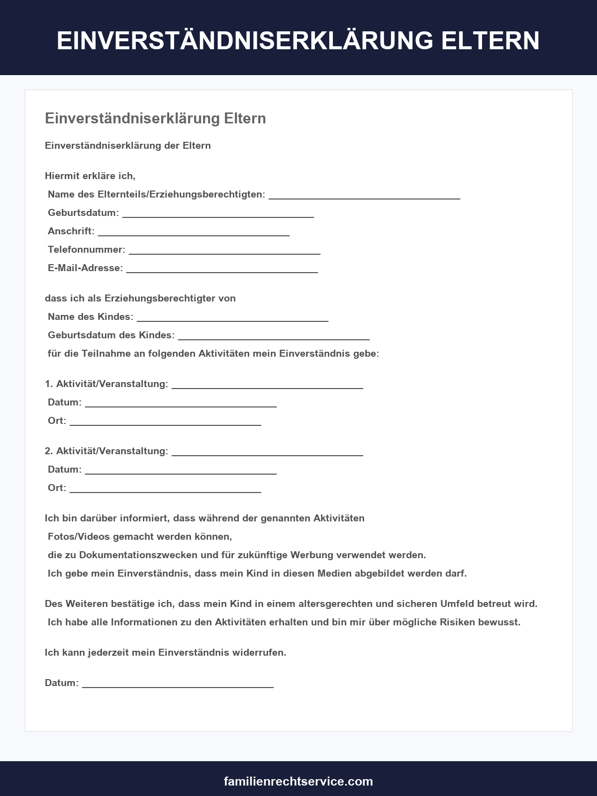 Einverständniserklärung Eltern Vorlage