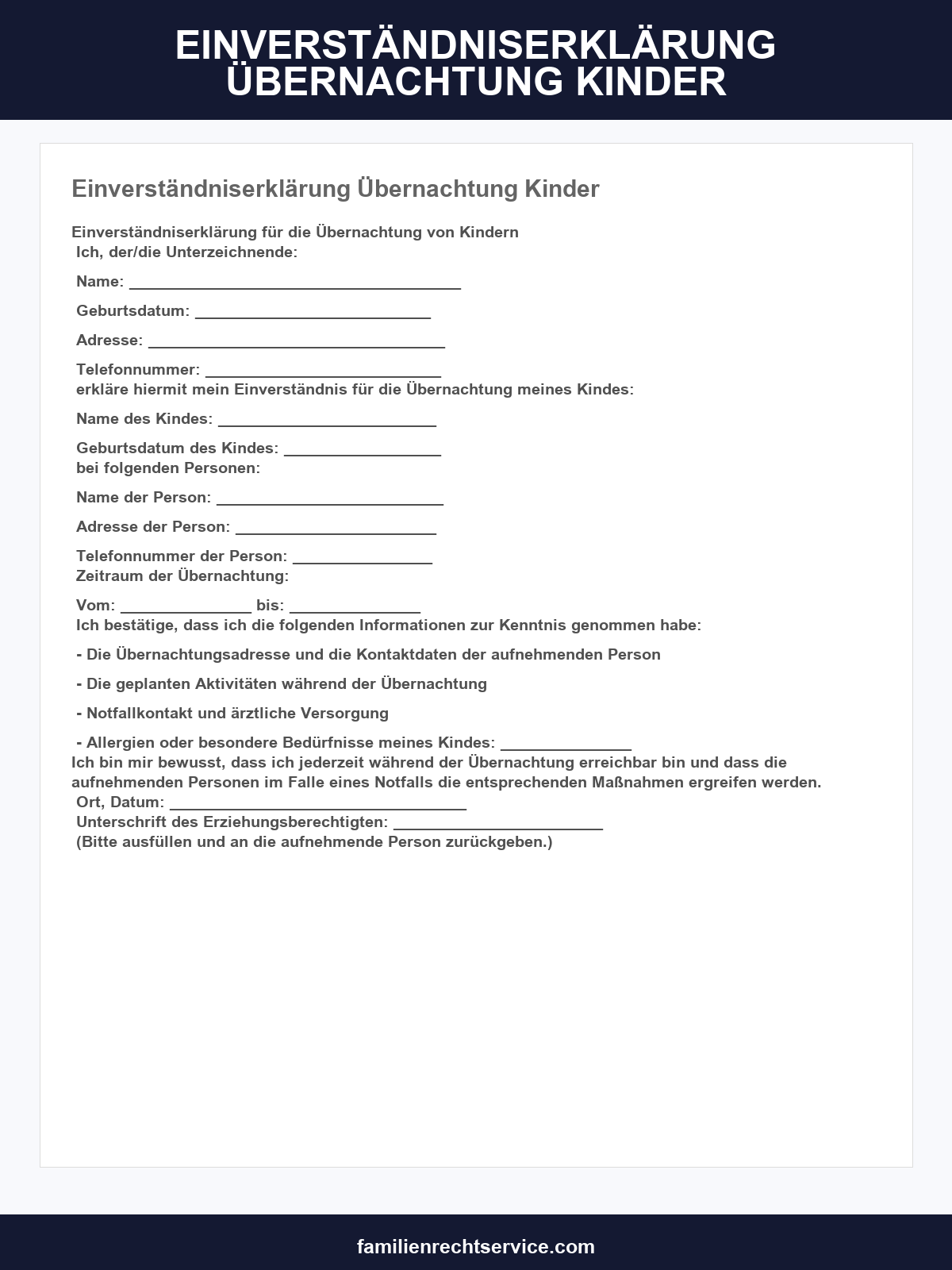 Einverständniserklärung Übernachtung Kinder
