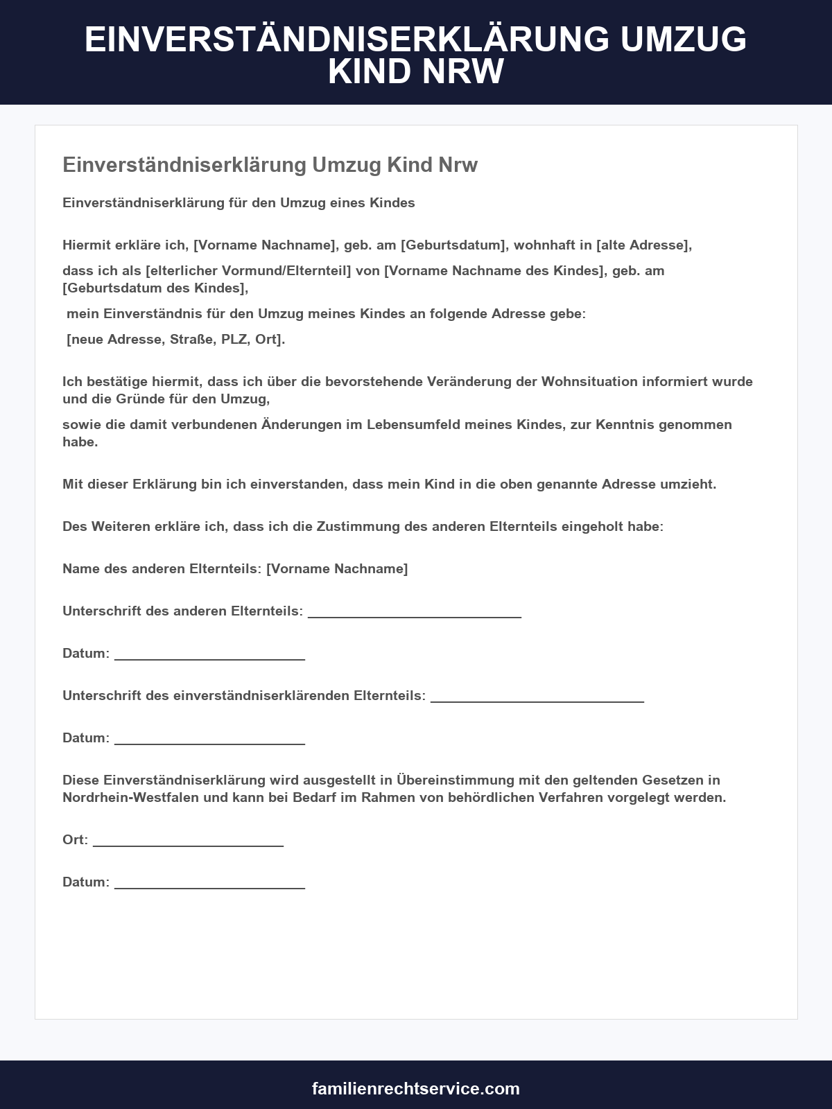 Einverständniserklärung Umzug Kind Vordruck Nrw
