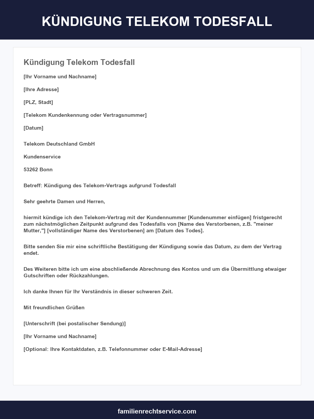 Kündigung Telekom Todesfall Vordruck