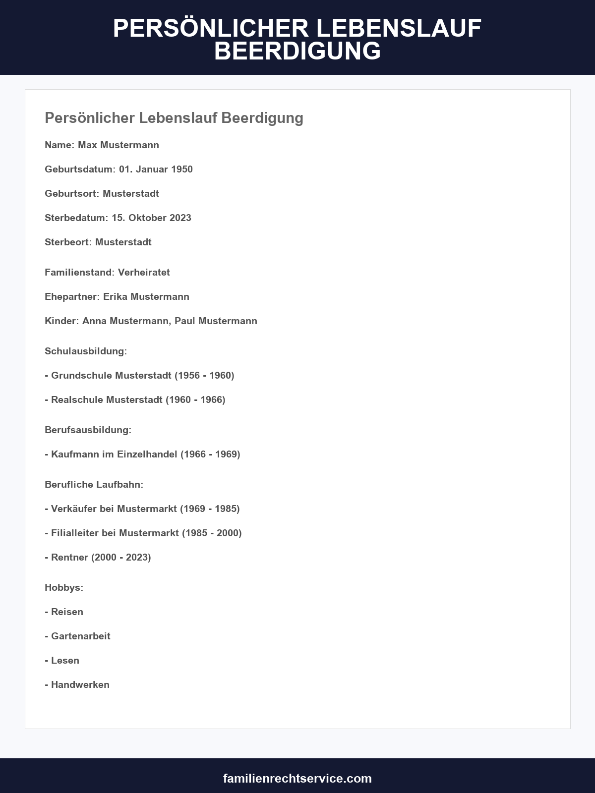 Persönlicher Lebenslauf Beerdigung Muster