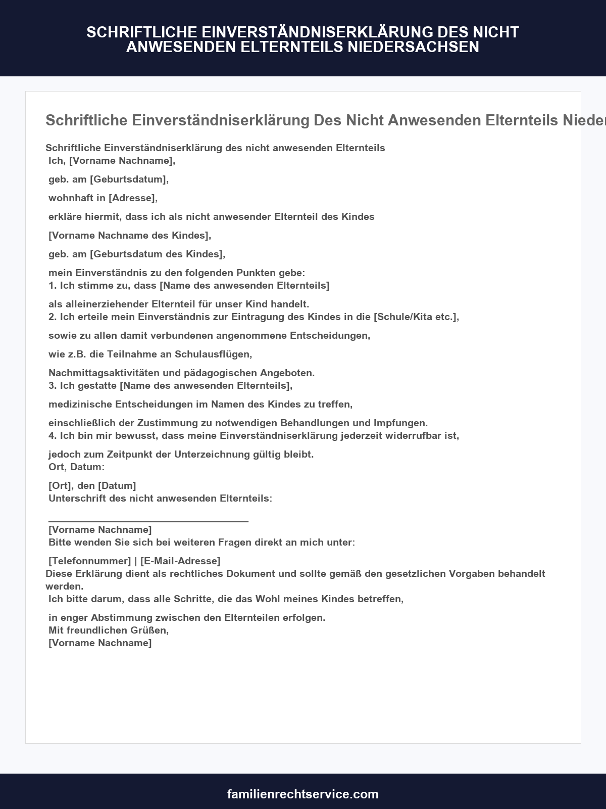 Schriftliche Einverständniserklärung Des Nicht Anwesenden Elternteils Vordruck Niedersachsen