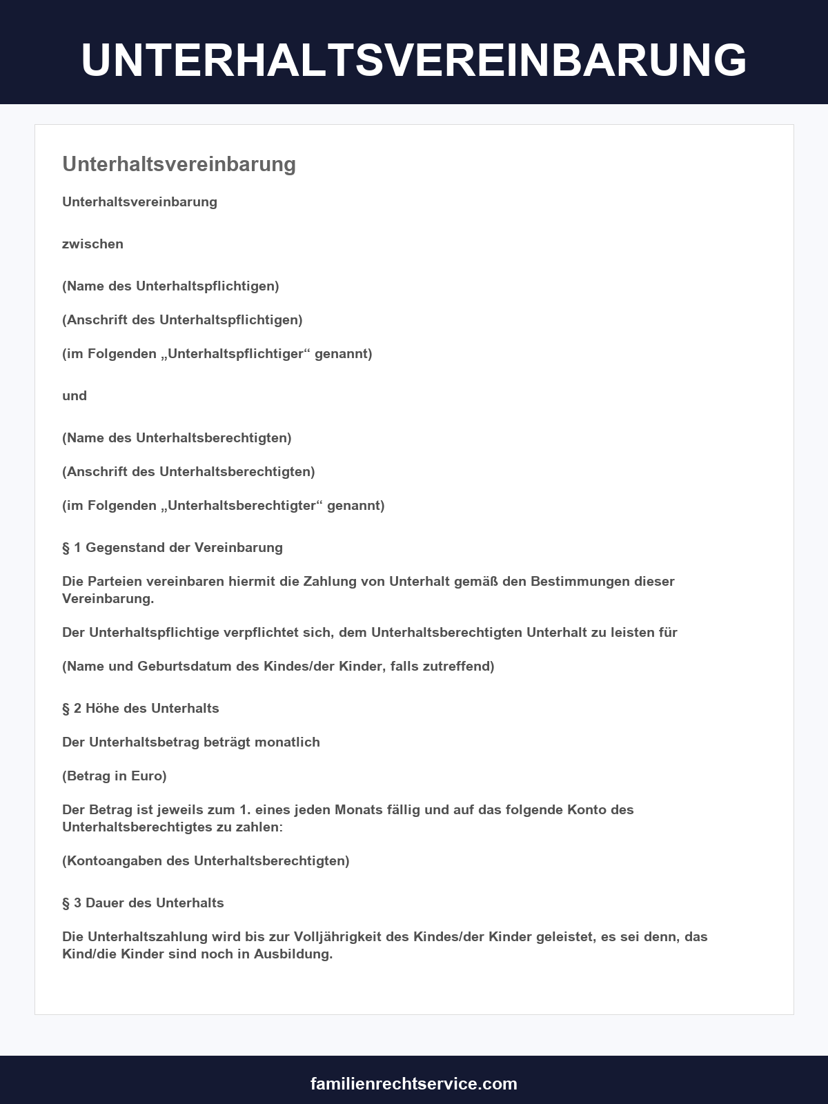 Unterhaltsvereinbarung Vorlage