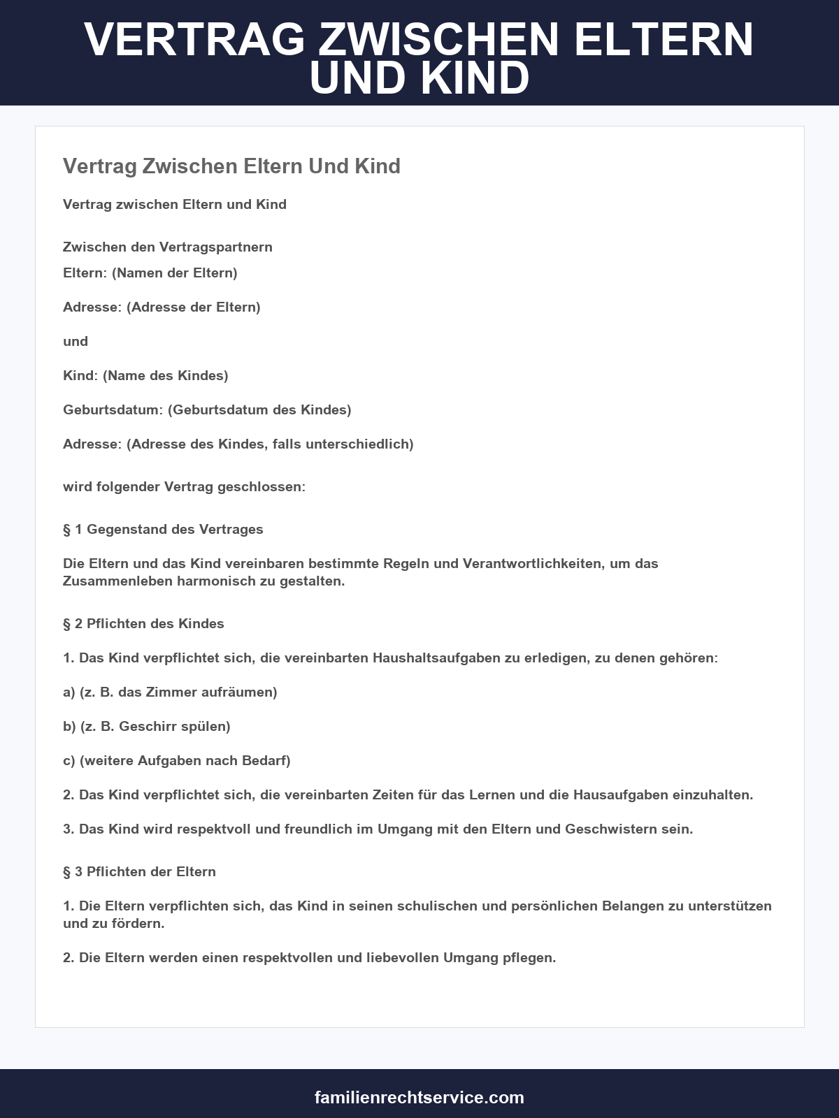 Vertrag Zwischen Eltern Und Kind Muster