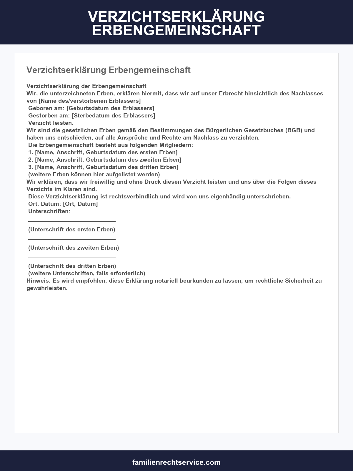 Verzichtserklärung Erbengemeinschaft Vordruck