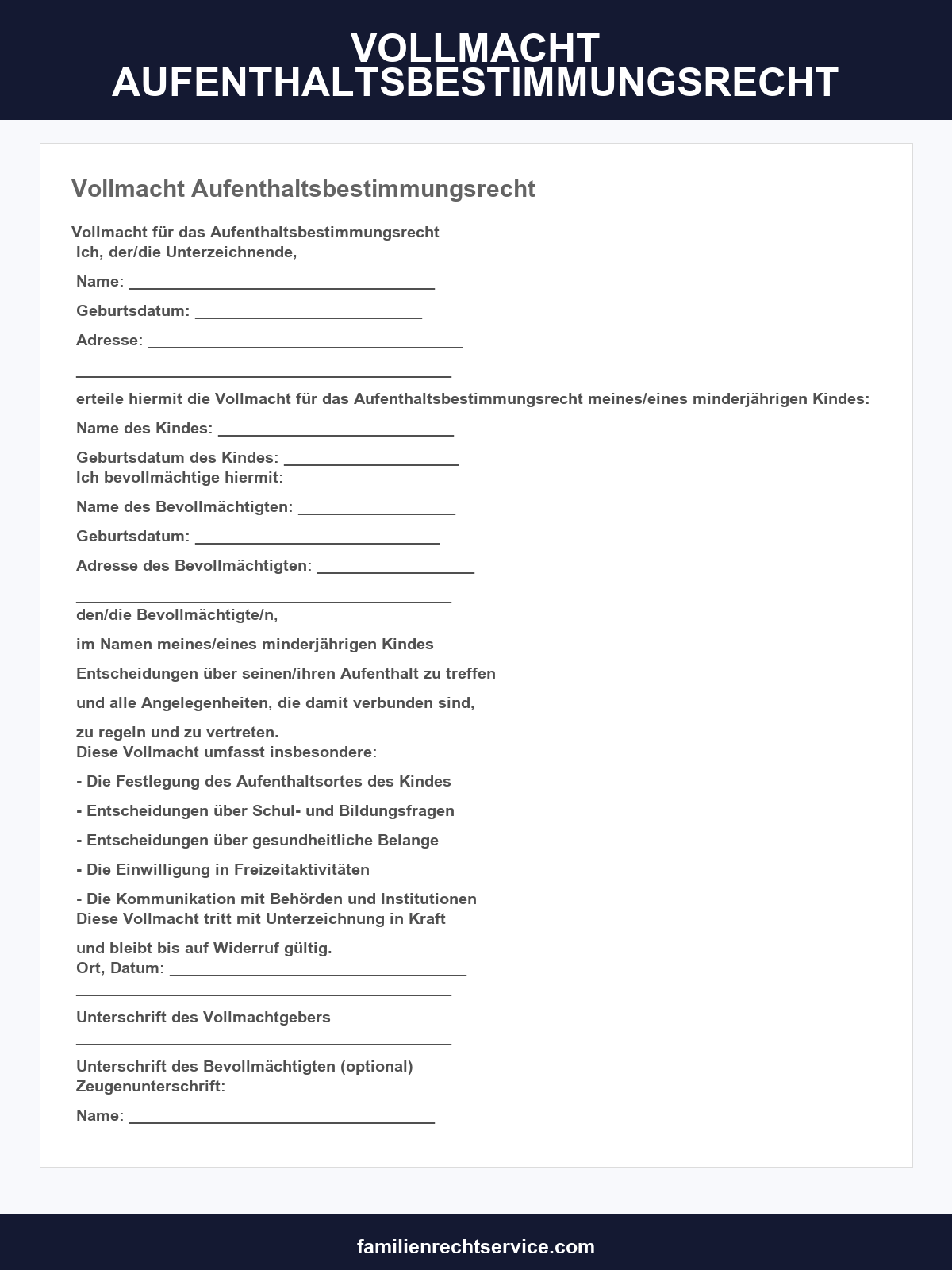 Vollmacht Aufenthaltsbestimmungsrecht Muster
