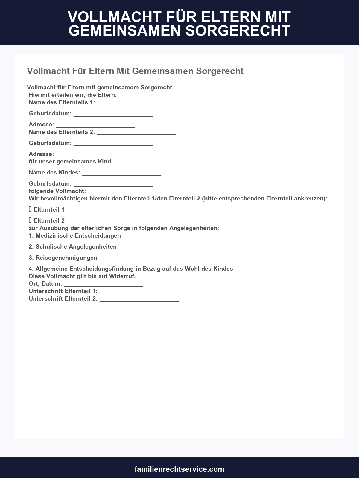 Vollmacht Für Eltern Mit Gemeinsamen Sorgerecht Vorlage