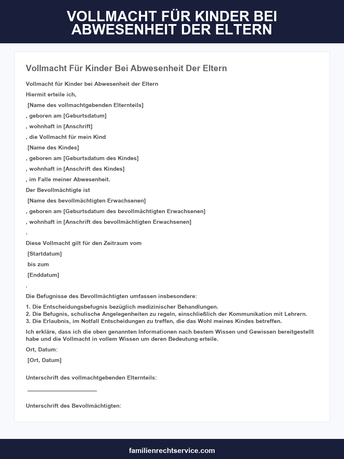 Vollmacht Für Kinder Bei Abwesenheit Der Eltern