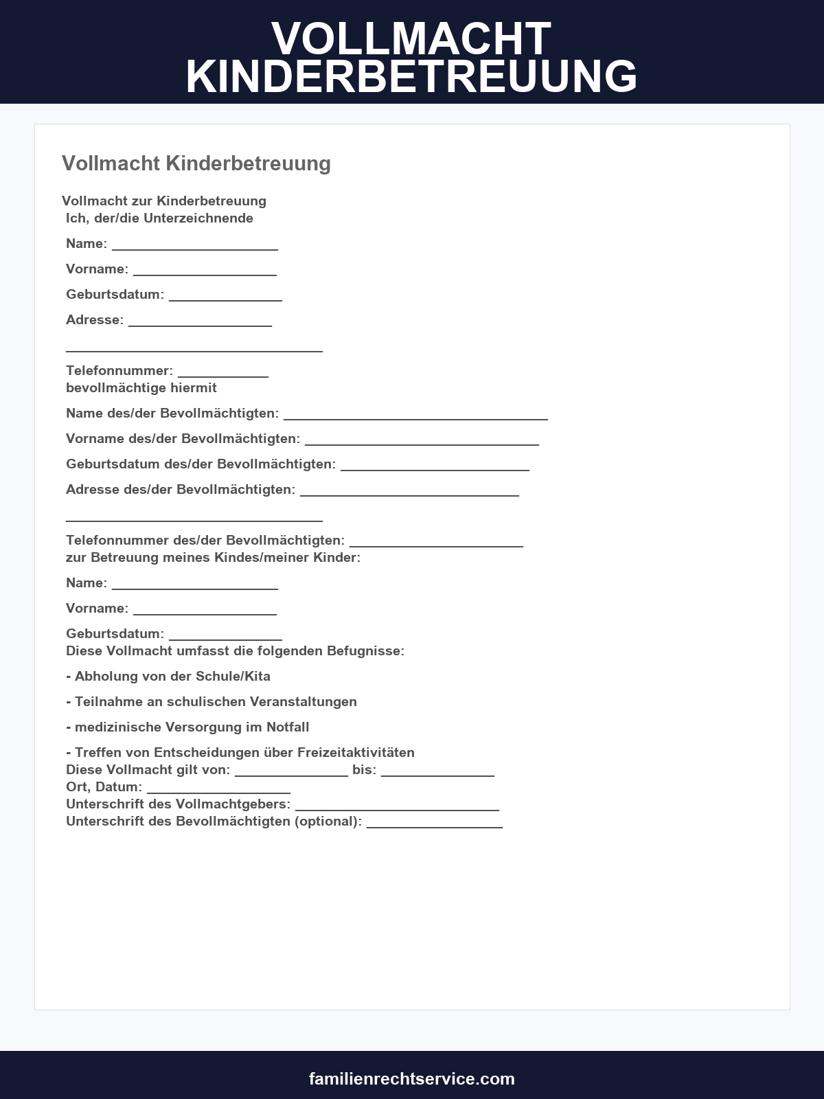 Vollmacht Kinderbetreuung