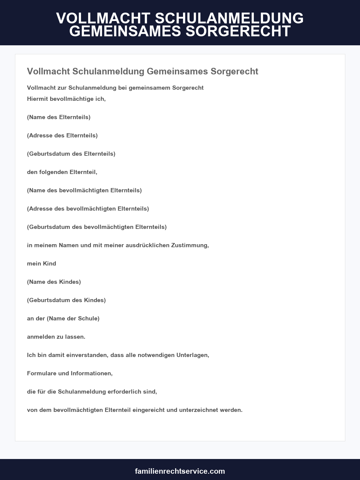 Vollmacht Schulanmeldung Gemeinsames Sorgerecht