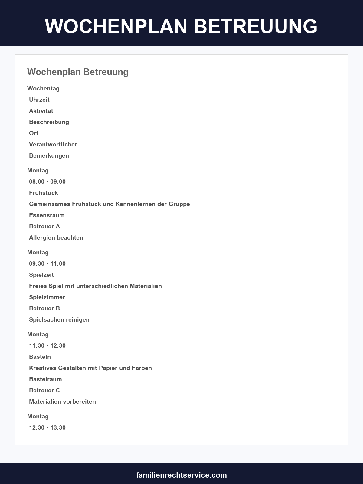 Wochenplan Betreuung Vorlage